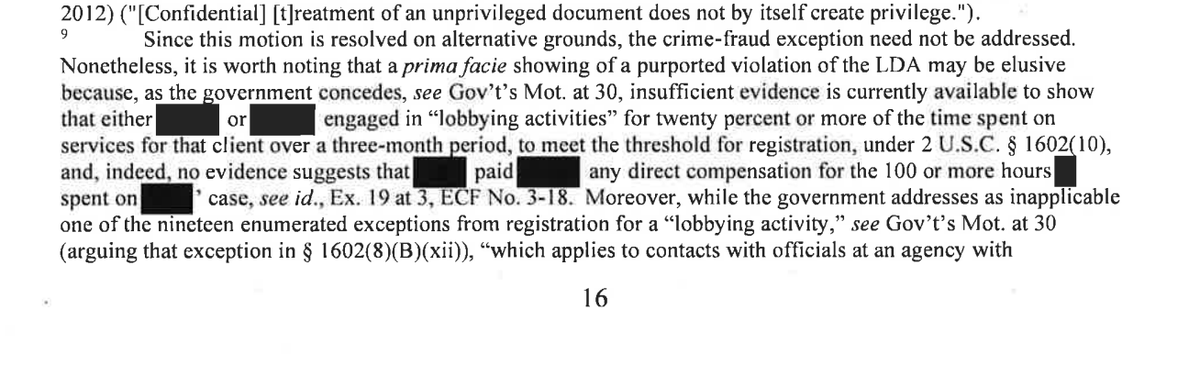 Kept reading, and here it is, in the footnote. They didn't have to reach the crime-fraud exception because of the waiver via third parties. Man, these lawyers Some lawyers, though (looks like 2) and their communication still privileged.6/