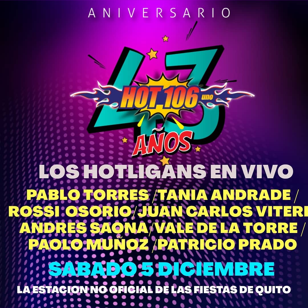 Este sabado 5 de Diciembre celebra con nosotros los 43 años de Hot 106 Radio fuego.. Gymkanas, Serenatas y la fiestas virtual (Video mix /mixclaud) GRATIS... HOT 106 RADIO FUEGO 43 AÑOS.. TODO EL TIEMPO, MEJOR RADIO. #HOT106FUEGO43AÑOS