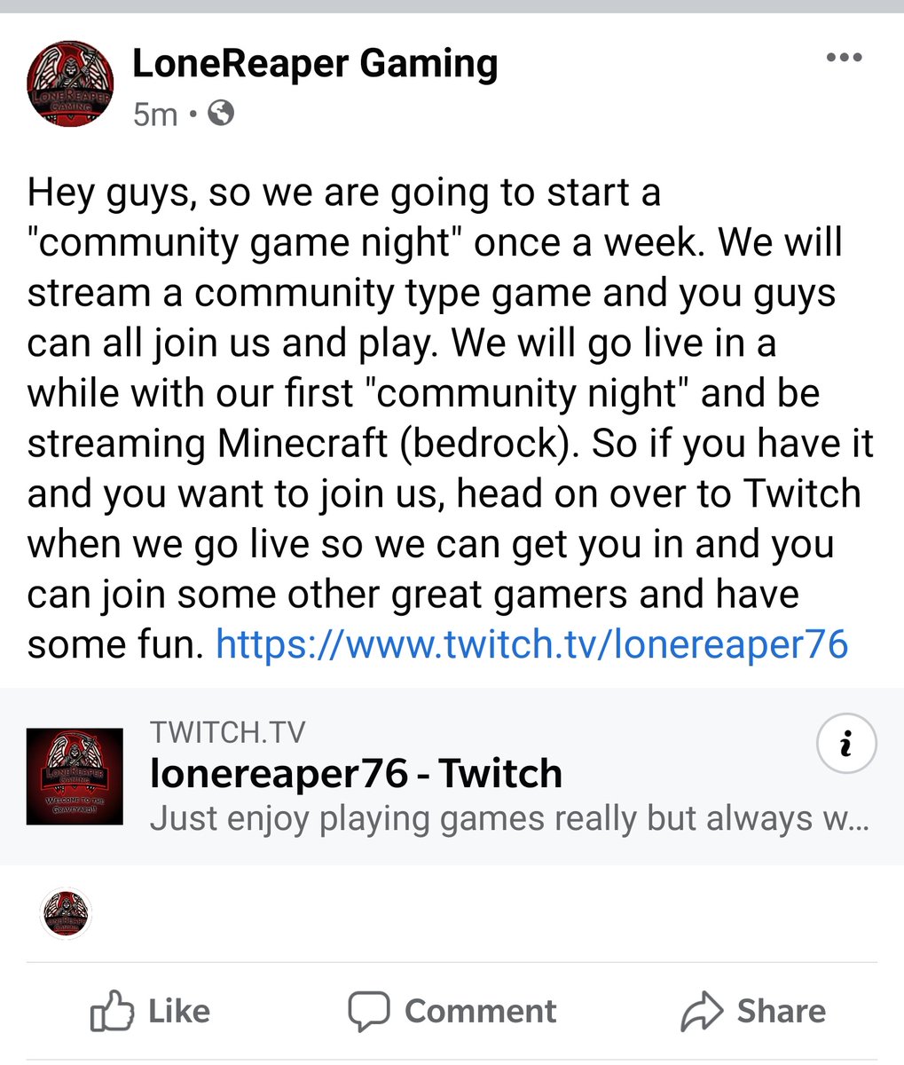 lonereaper's tweet photo. When we go live in a few we'll be doing a community night. So if you have Minecraft and want to join, check us out! 
#MinecraftServer #streamer #gamercouple #SupportSmallStreams #twitchstreamer #community #communitygamenight
 https://t.co/jpxGhKc4TT https://t.co/ens8AgYb8w