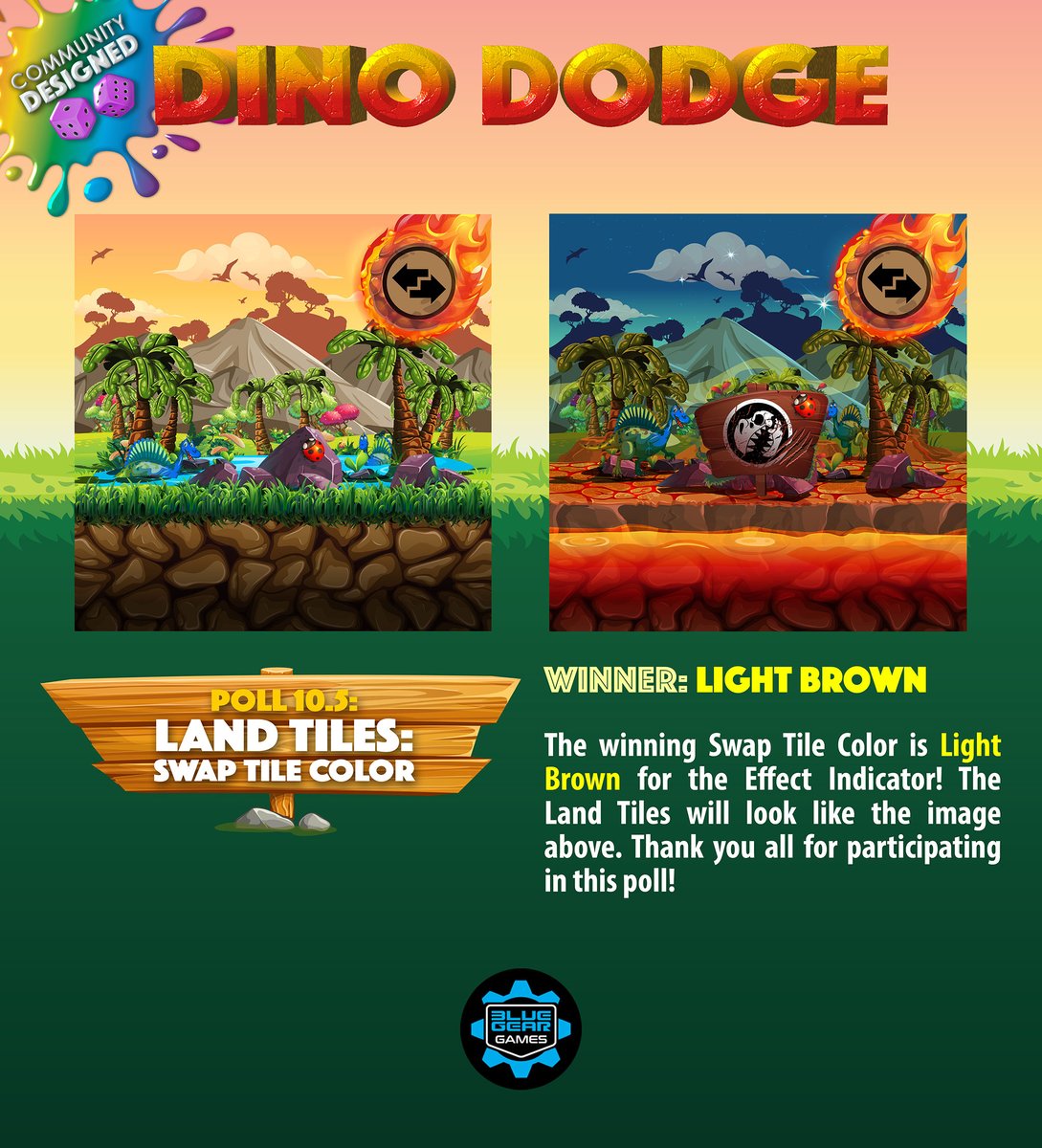 POLL 10.5: WINNER: LIGHT BROWN
The winning Swap Tile Color is Light Brown for the Land Tiles! Thank you all for participating in this poll!