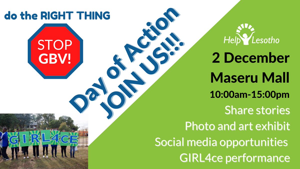 Come see us at Maseru Mall!
<a href="/SelimoThabane2/">Selimo Thabane</a> will be there at 10:00am to premier his new GBV song!
Let's make some noise - it's time to DO THE RIGHT THING &amp; #StopGBV!