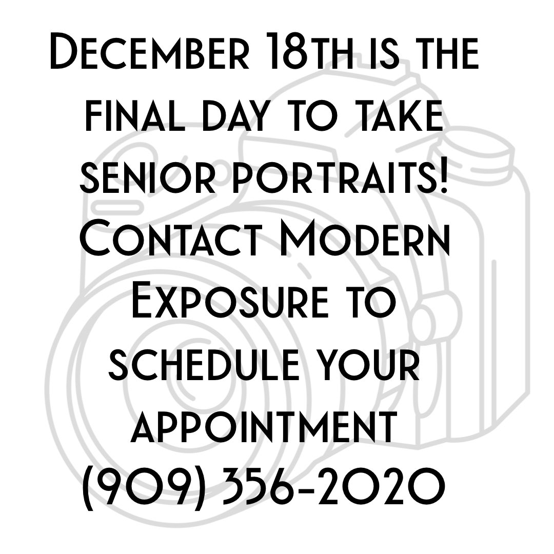 Attention Class of 2021! Be sure to take your SENIOR PORTRAITS.  Contact Modern Exposure. 💙💛