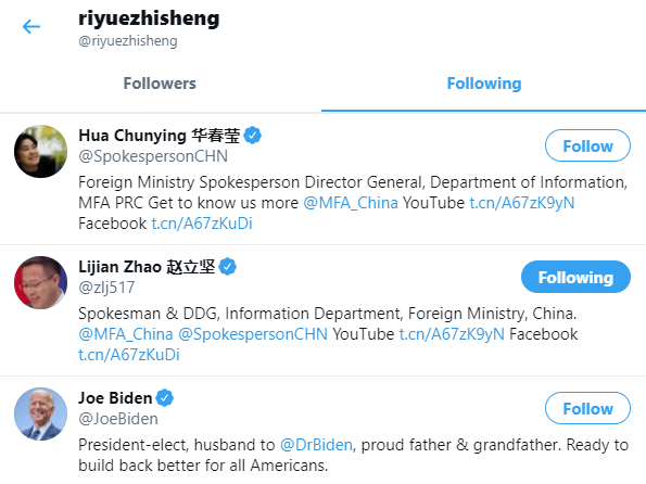 Accounts created recently tended to only have a few accounts they followed. For example: