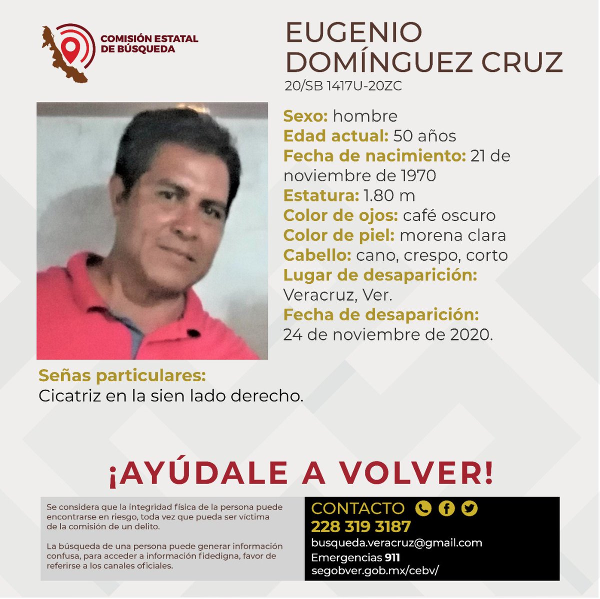 ComunidadINFO's tweet photo. AYÚDALO A VOLVER.

Para cualquier dato con César Augusto Dominguez al 229 244 1251.
Se le vió por última vez caminando en calle Rio Era entre Cabo Romain y Leonardo Pasquel en Lomas de Río Medio 3, el martes 24 de Nov. Alrrededor de las 22 Hrs.
@Busqueda_MX https://t.co/x6QhQXPw9c