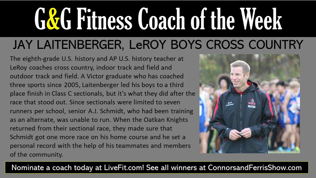 RocDevo's tweet photo. Apologies for being tardy on this one, but Congrats to @LeRoy_Knights Boys Cross Country Coach, Jay Laitenberger. He's the @GandGFitnessEq Coach of the Week on the Connors & Ferris HS Sports Show brought to you by Salvatore's.
Read below what he & his squad did after sectionals! https://t.co/2CjglBMi3I