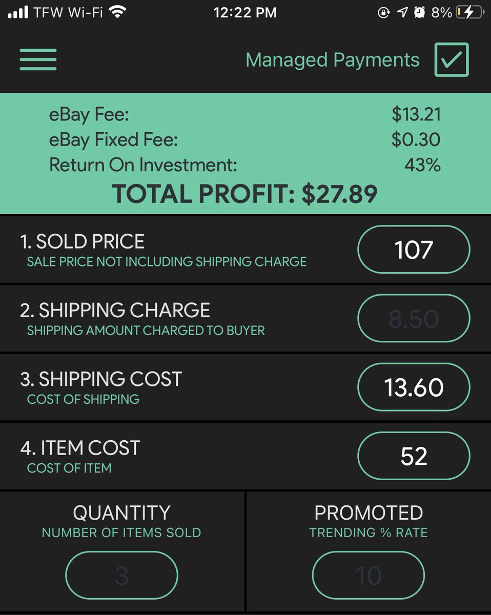 The cost of goods for each order is $52$13 (retail price) x 4 (# of plates) = $52I resell each order at $107Shipping will cost $13.60Potential Profit is $25+ each order $25 x 12 = $300$300 return on a $600” investmentNot too shabby 