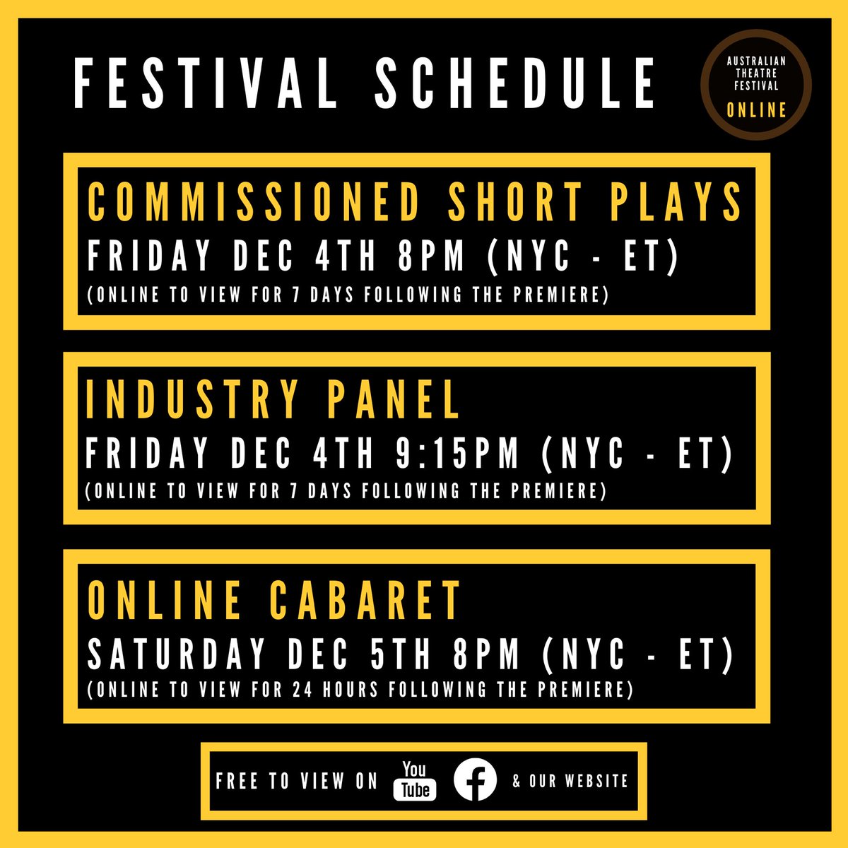 AusTheatreFest's tweet photo. 📌 FESTIVAL SCHEDULE 📌
&
⏰ WHEN TO WATCH ⏰
#ATFONLINE #AusTheatreFestNYC https://t.co/nzNaisMsVO