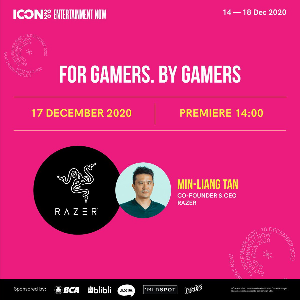 gdpventure's tweet photo. #Razer, the #professional #gamers’ choice of weapon.  

Let's hear CEO, Min-Liang Tan point of view about the #Indonesia #gaming world in a deep dive #session with Giring Ganesha, #IESPL President at #ICON2020

This #event supported by
#BCA
#Blibli.com
#AXIS
#MLDSPOT
#INSTO https://t.co/I7zblFZpbN