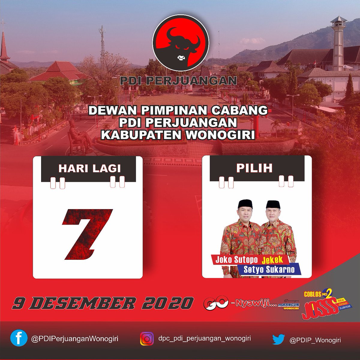 Kurang 7 Hari Lagi Menuju PiLkada Kabupaten Wonogiri 9 Desember 2020.
.
Ayo Semangat Datang ke TPS. CobLos Nomer 2. Pasangan JOKO SUTOPO &amp; SETYO SUKARNO
.
Tetap Patuhi ProtokoL Kesehatan ya. Budhal TPS Nganggo Masker Lurrr.
.
#PilkadaSerentak2020
#PDIPerjuangan
#SolidBergerak