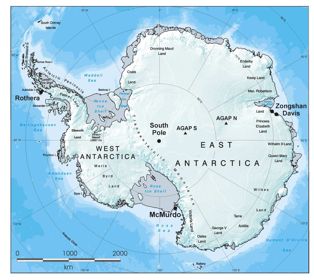 Antarctica is the highest, driest, coldest, windiest & brightest of the 7 continents.The average elevation is 8,200ft (2500m). Mount Vinson is the highest point at 16,050ft (4892m).Polar plateaus generate intense katabatic winds up to 185 mph (300 km per hour) near coast.