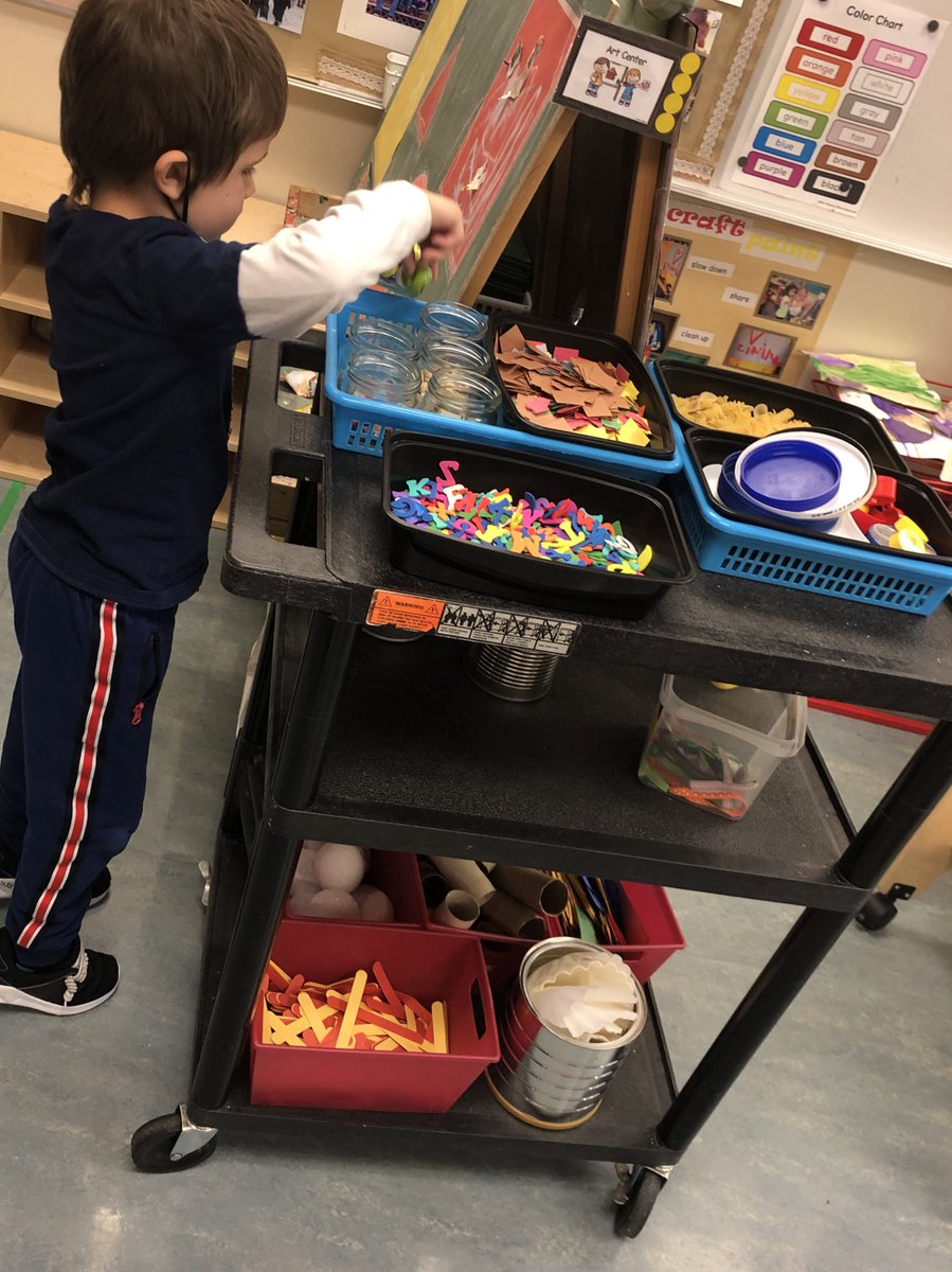 I felt I needed more open-ended and free choice of materials in our room so I invited families to send in recycled items. And enter the Maker Space cart! Here students have the ability to create, explore and add materials as they wish. You see a “castle” and “beach” #LetThemPlay