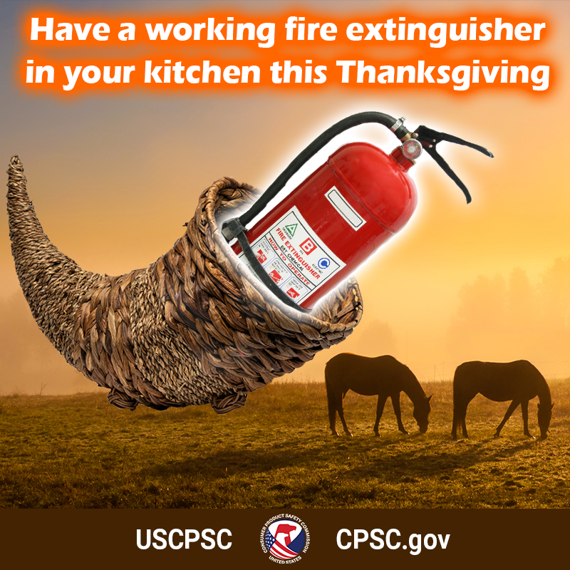 A giant cornucopia next to some horses in a field. There is a huge fire extinguisher sticking out of it. The text reads: Have a working fire extinguisher in your kitchen this thanksgiving