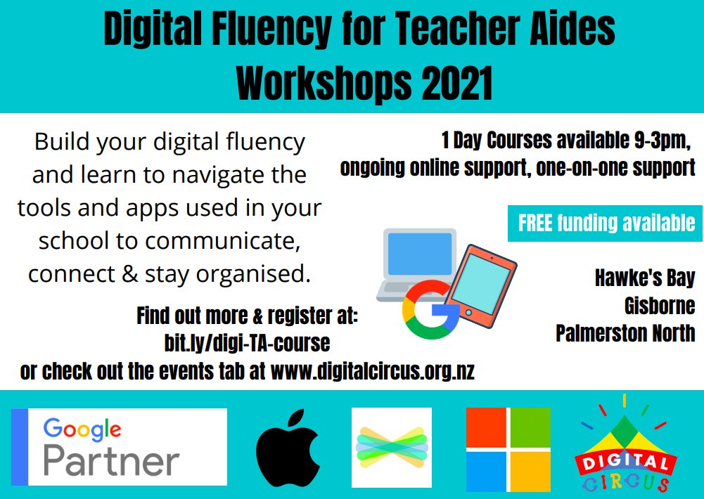 We are sooooo excited to announce the dates and locations for our Free Digital Fluency for Teacher Aides Workshops for 2021!

Hawke's Bay, Palmerston North, Gisborne

Find out all the details, dates, and register your spot at: digitalcircus.org.nz/digital-fluenc…

#edtech #edchatnz