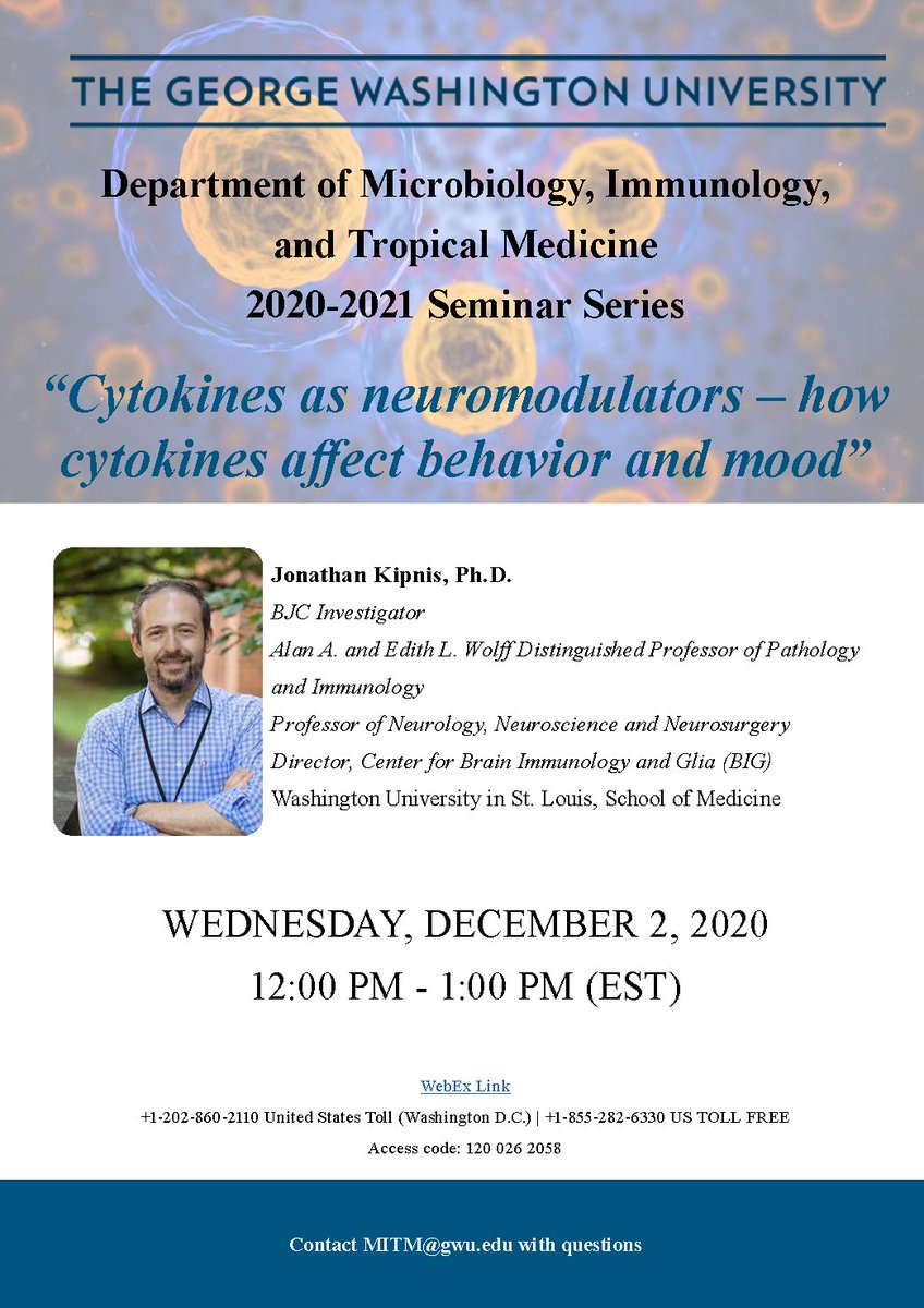 Please join tomorrow’s exciting @GWSMHS MITM Webex seminar by @jonykipnis Jonathan Kipnis, PhD. He will be presenting on 'Cytokines as neuromodulators – how cytokines affect behavior and mood” @ChildrensNatl @WUSTL @jfcryan @GW_IBS @GWOIMH @PhD_Leigh @WUSTLmed