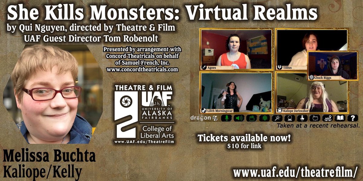 TheatreUAF's tweet photo. Actor spotlight! Melissa Buchta (Kaliope/Kelly) is over the moon to be back with Theater UAF and working on another production, after graduating from UAF with a Bachelor of Arts in Theatre and minor in Broadcast Journalism. Don't miss "She Kills Monsters: Virtual Realms"! https://t.co/v8zCsFCBpg