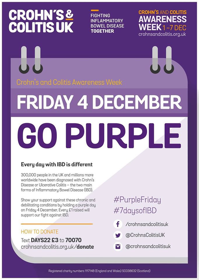 fugelsangjarvis's tweet photo. Go purple this Friday 4th December for Crohn’s and Colitis. #crohnsandcolitis #crohnsandcolitisuk #crohns #crohnsdisease #colitis #crohnsawareness #wearpurpleforcrohns #wearpurpleforcrohnsawareness #wearpurpleforcrohnsandcolitis #wearpurple #purplefriday #7daysofibd https://t.co/X4WgRziDc6