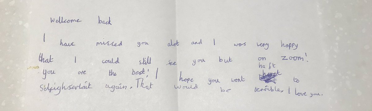 Emma_Turner75's tweet photo. My middle one (y2) has been taught remotely by her teacher for 2 weeks. Teacher is back in today. Middle one just wrote this and I think it’s the finest phonetically plausible but incorrect spelling I’ve ever seen 😂😂😂😂😂😂 #PandemicPhonics 😂😂😂 https://t.co/TXwRQdVKfW