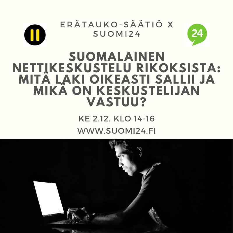 suomi24fi's tweet photo. Suomi24:n Erätauko-viikko jatkuu! Rikoksista keskusteleminen vaatii taitoa ja herkkää korvaa: silti todellisuus nettikeskustelussa näyttää usein hyvin toisenlaiselta. Unohtuuko laki ja empatia? Hyppää klo 14 mukaan: https://t.co/08KcSXeFOH https://t.co/AFlLRoQqUX
