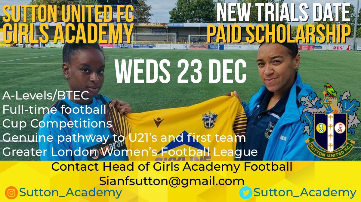 suttonunited's tweet image. NEW TRIALS ALERT - @sutton_academy have new trial dates set for boys and girls. See below for full details and who to contact. ⚽️

#realpathways #academytrials #footballacademy #footballtrials #youthfootball