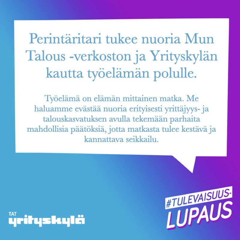 Perintaritari's tweet photo. Me lupaamme, lupaa sinäkin👍

#tulevaisuuslupaus #nuoretjatalous #talouskasvatus #yrittäjyyskasvatus #yrittäjät #yrittäjyys #oleritari @TATtalks https://t.co/pfOvMckaiN