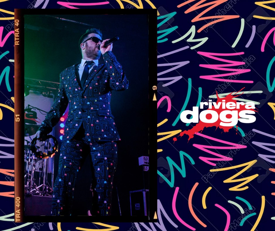 Jimmy always likes to turn up in one of his custom suits wether it be PacMan or a tropical vibrant number! he's always dressed to impress.  #rivieradogs #80sband #80s #ultimate80s #dancefloor #band #musicians #keepmusiclive