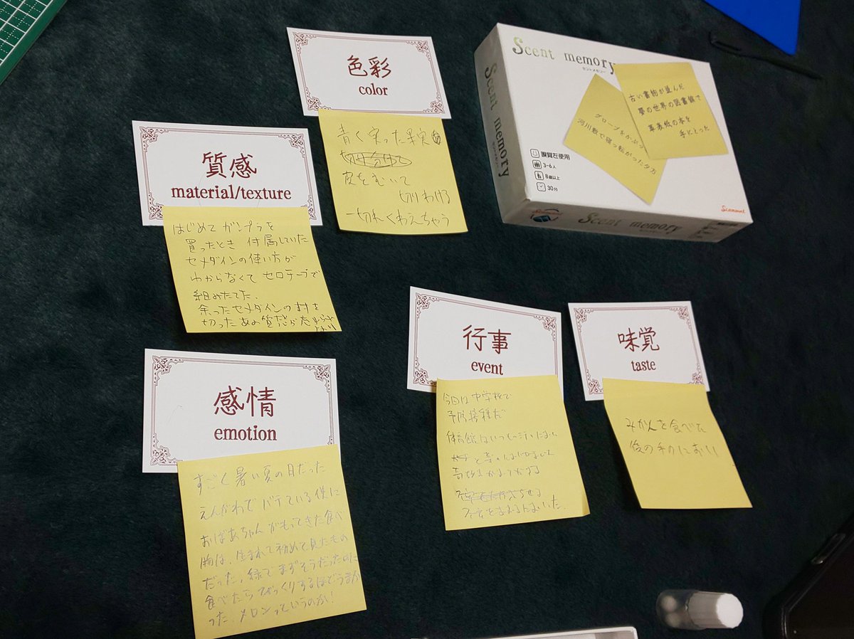 sugech's tweet image. 【Scent memory】Scamountさんのゲーム。
匂いゲー。箱を開けるとボードゲームとは思えないプラ容器がビッシリ。一つ一つ封入されてる匂いが違ってて、それをランダムに二つ同時に嗅いで、その香りから想起されたポエムを書いて発表し、一番エモい人に投票で得点。4回プレイして、いとエモき御方が優勝