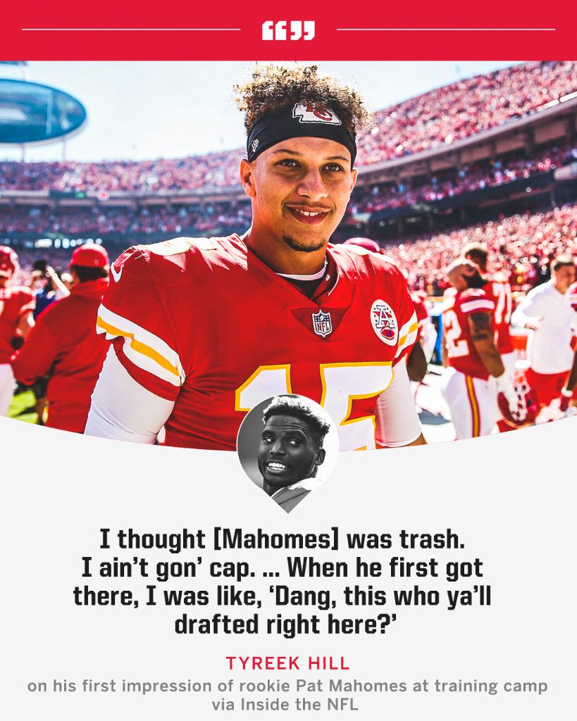 SportsCenter's tweet photo. Tyreek Hill admitted he thought Pat Mahomes was trash at first 😅 https://t.co/3dz5Erolw0