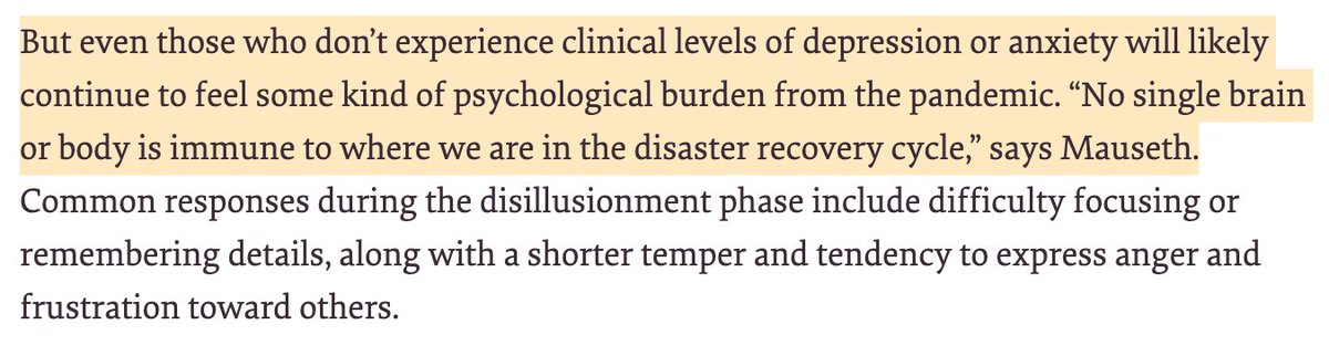 “No single brain or body is immune to where we are in the disaster recovery cycle...Common responses during the disillusionment phase include difficulty focusing or remembering details, along with a shorter temper and tendency to express anger and frustration toward others."