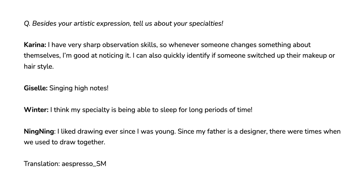 aespapicss_'s tweet photo. aespa members' unique specialties!

cr. translations: aespresso_SM
#aespa @aespa_official https://t.co/IyfHGd4Yzb