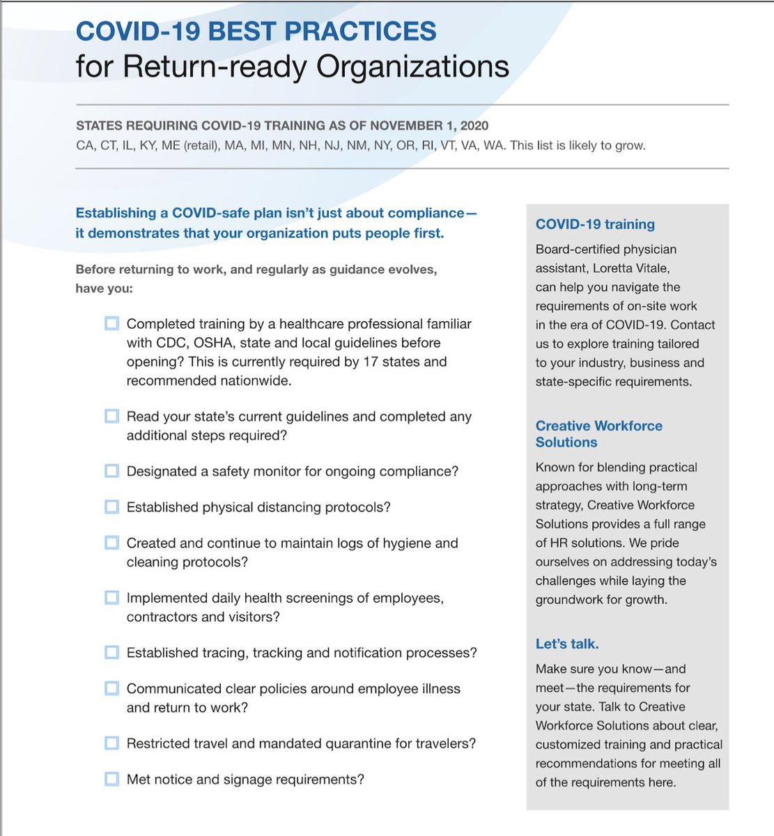 CWS_SW's tweet photo. Do you have employees on site? Planning their return? Here is a COVID-19 best practices checklist. 
Visit these sites for more info on COVID &amp; handling time out of the office.
https://t.co/A3oWVHxNUX
https://t.co/tkG0jJdtDV https://t.co/4kAwGb6LiN