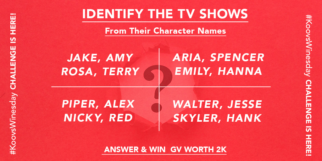 #KoovsWinesday Challenge is here! ❤️ Participate by correctly guessing the TV Shows based on their character names and get a chance to win GV worth 2K. 😍

T&amp;C:
1. 2 lucky winners will get 2K GV each.
2. Winners will be announced on 5th December 2020.
.
#koovs #contestalert