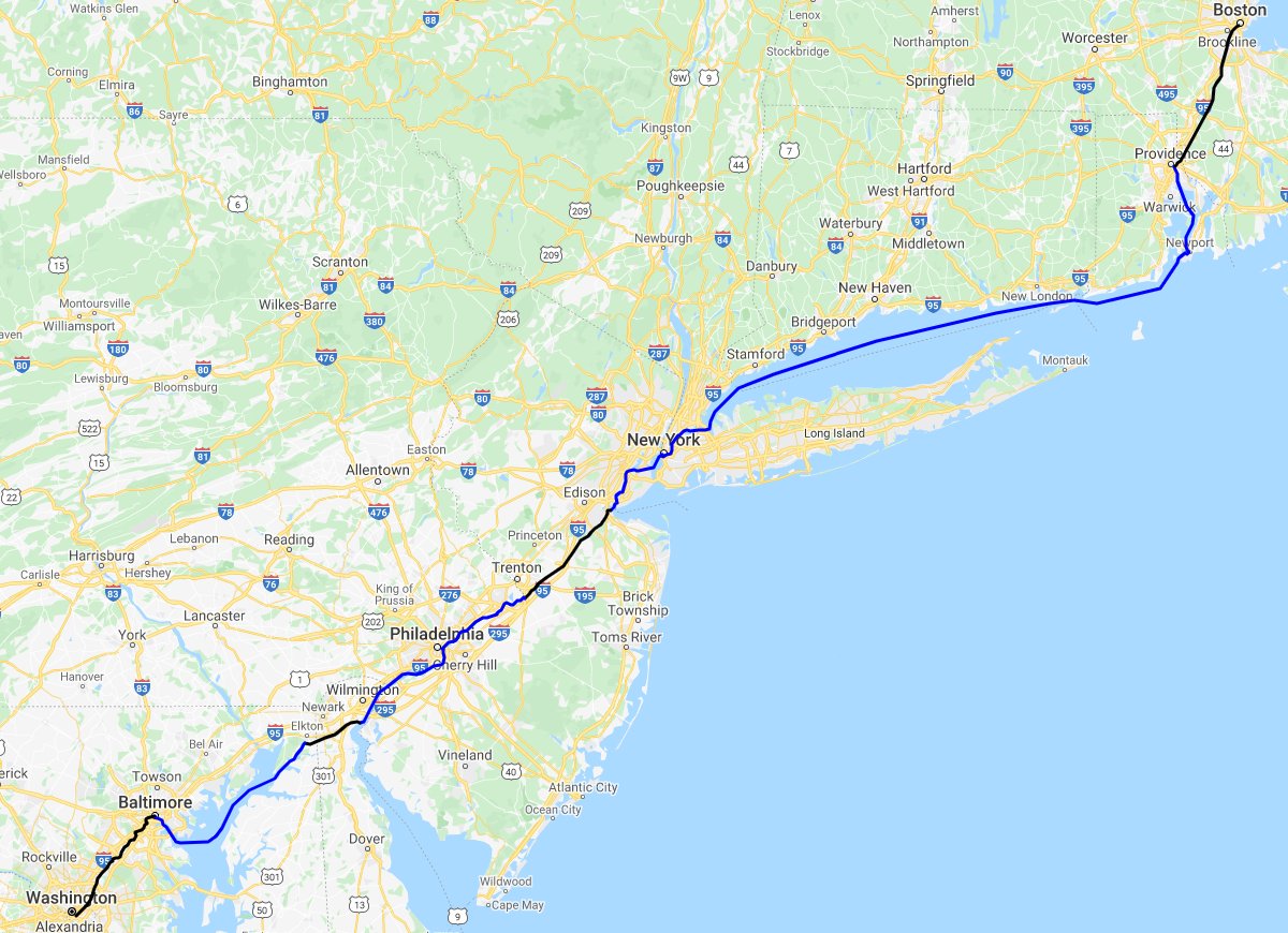 In 1835 it became possible for the first time to travel the length of the Northeast Corridor, from Boston to DC, by rail & regularly-scheduled steamboat (previously slow horsedrawn stagecoaches were required). The route, however, was almost entirely different from today.
