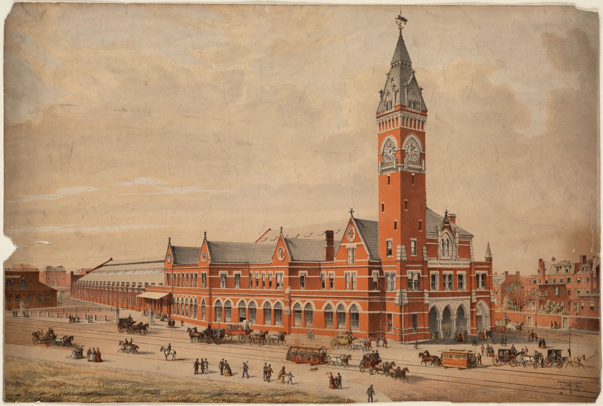Trains used Park Square station (southwest of Boston Common) from opening until rerouted to today's South (Union) Station in 1899. At the Providence end, trains ran to a waterfront terminal at Fox Point (1.5 miles southeast of downtown) until shifted to the current route in 1847.