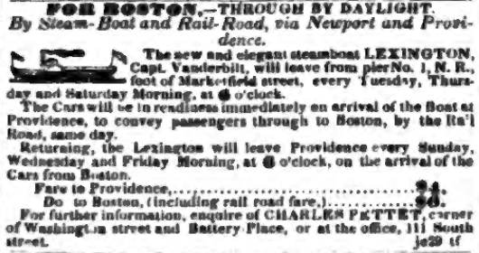 In 1835 the fastest boat on the route was the Lexington, owned by Cornelius Vanderbilt (later railroad magnate but in 1835 only involved in steamboats), which could make the trip in under 12.5 hours, but was scheduled to leave Providence 6am before the first Boston train arrived.