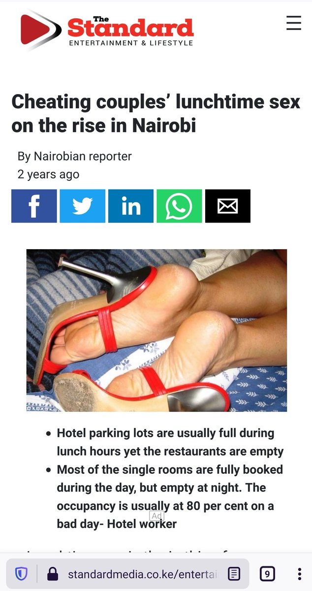 22. What happens during lunch breaks in Nairobi? A newspaper story narrated that many hotel rooms are temporarily full. Why? People leaving their offices for an hour to read psalms and sing hymns? Instead of one night stands, many one daylight stands. Let us be honest friends.