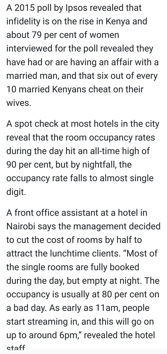 22. What happens during lunch breaks in Nairobi? A newspaper story narrated that many hotel rooms are temporarily full. Why? People leaving their offices for an hour to read psalms and sing hymns? Instead of one night stands, many one daylight stands. Let us be honest friends.