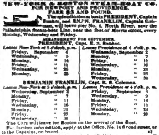 A thru passenger from Boston would instead have to take one of the slower overnight steamboats, which took over 14 hours, leaving Providence 4pm & arriving Pier 4 North River, Manhattan after 6am next morning. (Remember to set your watch back; Boston was 12 minutes ahead of NYC.)