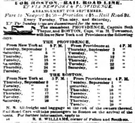 A thru passenger from Boston would instead have to take one of the slower overnight steamboats, which took over 14 hours, leaving Providence 4pm & arriving Pier 4 North River, Manhattan after 6am next morning. (Remember to set your watch back; Boston was 12 minutes ahead of NYC.)