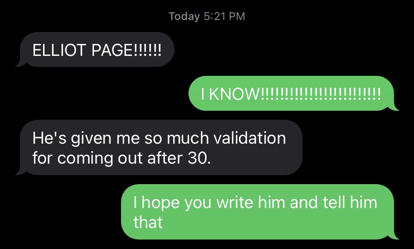 Kinzidy's tweet photo. I’m a therapist that works almost exclusively with transgender kids and adults - I hope you know how much this means to them. My phone has been blowing up all day!! Thank you for your bravery and courage @TheElliotPage! https://t.co/Q1DURbTogs