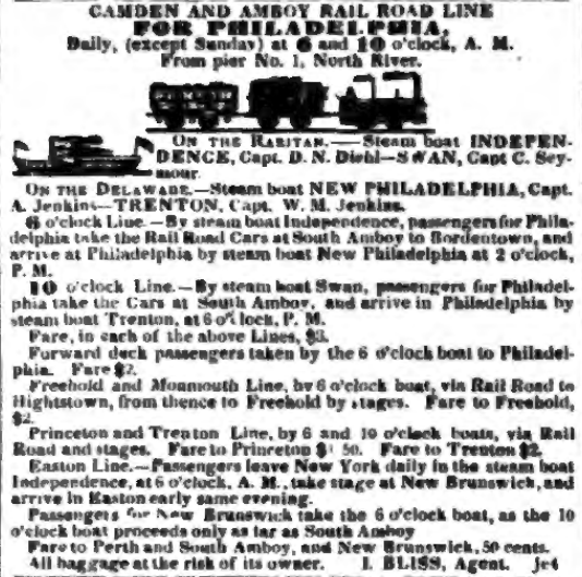 As of 1835 the C&A ran two trips daily trips in each direction, leaving the terminals (Pier 1 North River, NYC and Chestnut St Wharf, Philadelphia) at 6am & 10am. End to end the journey took about 8 hours & cost $3 ($2 for forward deck places).
