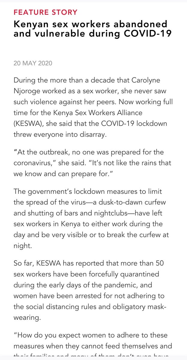 25. The law in Kenya forbids "living on the earnings of sex work" and "soliciting or importuning for immoral purposes." A corrupt government full of thieves of citizens taxes enforcing morality upon sex workers. A sex worker who earns honest wages is better that corrupt a GoK.