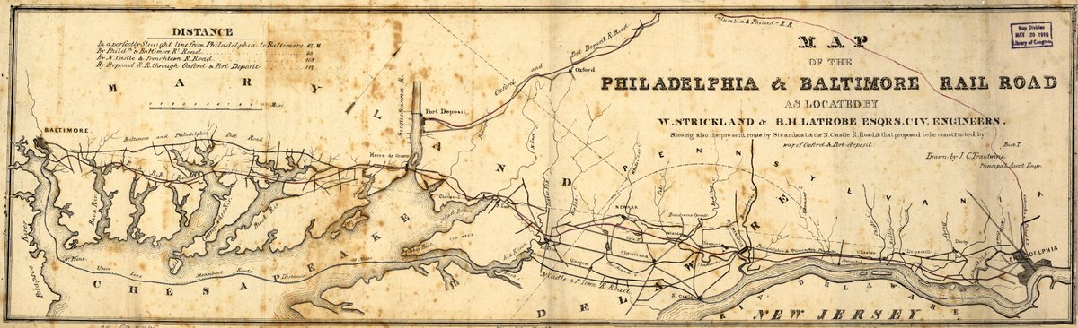 Travel from Philadelphia to Baltimore would get much simpler the next year (1836) when the Philadelphia, Wilmington & Baltimore Railroad opened on essentially the modern route (though a ferry was still required to cross the Susquehanna River until 1866).