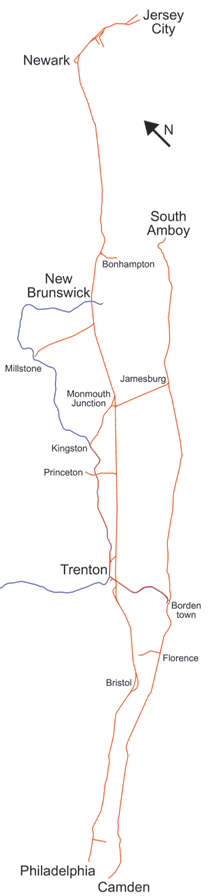 The Kensington terminal's poor location meant the route to Camden (using the C&A track south of Bordentown) remained busier until the link to West Philadelphia (today's 30th St Station) opened 1867. A short boat ride was required at the NYC end until Penn Station opened 1910.