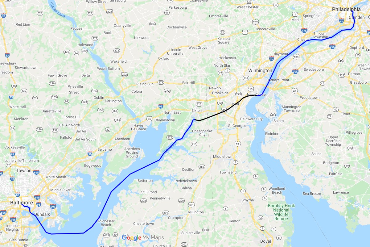 In 1835 a traveller continuing south from Philadelphia would need to spend the night before catching the daily 6am steamboat to Newcastle DE, the Newcastle & Frenchtown RR (opened 1831) across to Chesapeake Bay, & another steamboat to Baltimore, arriving about 3pm (thru fare $3).