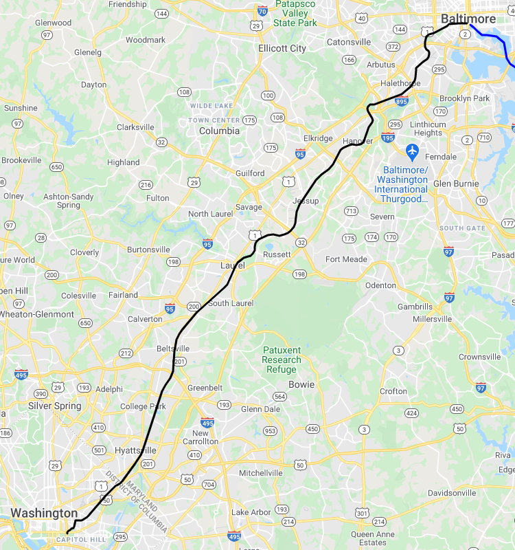 Finally, in August 1835 the Baltimore & Ohio Railroad opened its Washington Branch from Baltimore to Washington DC. Two daily trains in each direction (8:15am & 4pm southbound, 9am & 4:30pm northbound) made the journey in about 2.5 hours, fare $2.50.