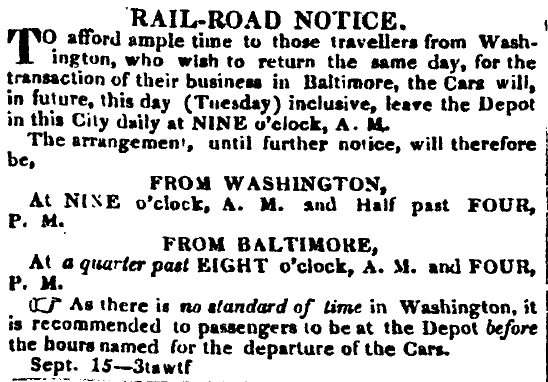 Finally, in August 1835 the Baltimore & Ohio Railroad opened its Washington Branch from Baltimore to Washington DC. Two daily trains in each direction (8:15am & 4pm southbound, 9am & 4:30pm northbound) made the journey in about 2.5 hours, fare $2.50.