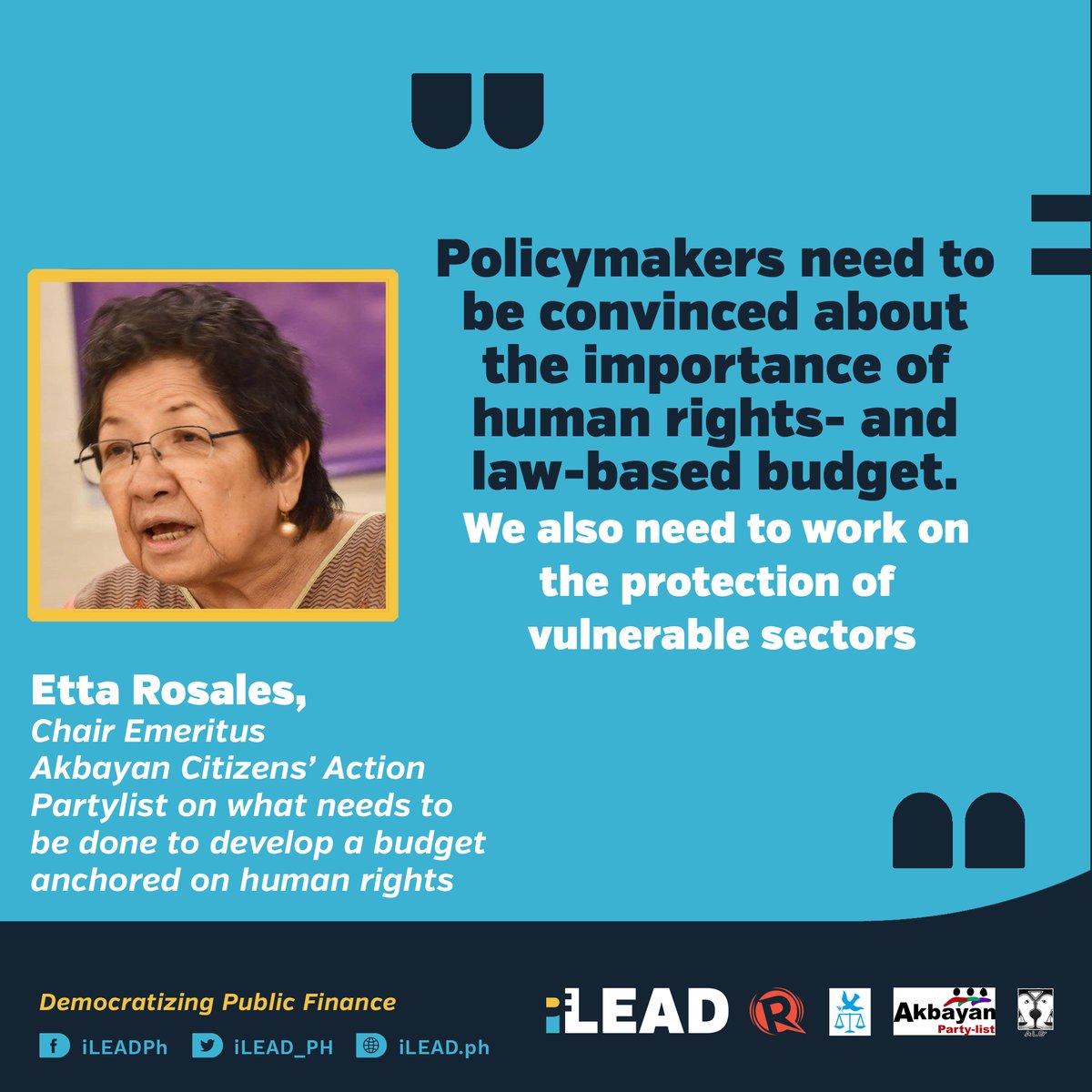 Etta Rosales, Chair Emeritus,  @AkbayanParty says that the government's definition of "national security" needs to be revisited to include considerations of economic, psychological, and social security. These should then be factored in policies.