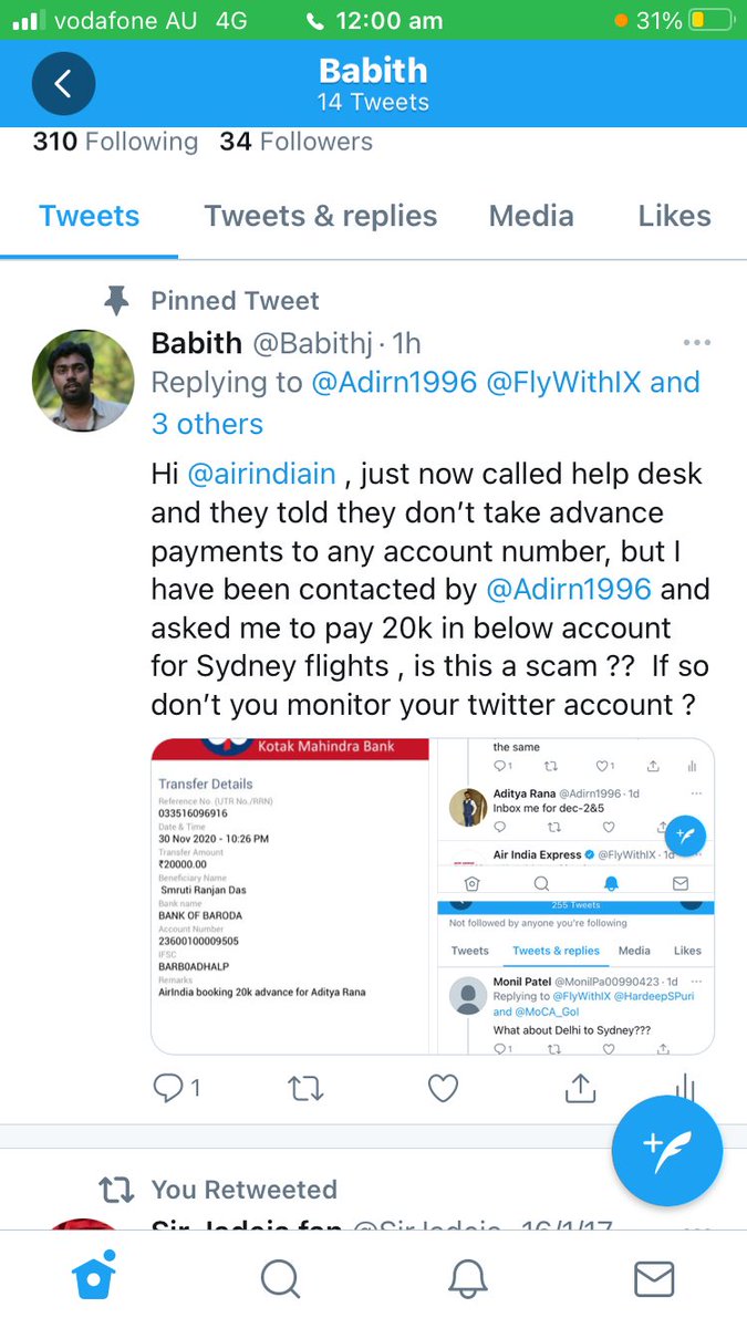 Babithj's tweet photo. @FlyWithIX @airindiain @HardeepSPuri @MoCA_GoI @AAI_Official @MEAIndia @ThePeopleOfIN @Voice_For_India @DARPG_GoI @IndianDiplomacy @indiandiplomats @PMOIndia @DelhiPolice @ArvindKejriwal @AmitShah can you please help in identifying @Adirn1996 who is fooling people in the name of @airindiain #vandebharathmission ,He ask advance payment in to his personal account and hide ,though he reply Twitter looping @HardeepSPuri we thought genuine https://t.co/IeCMqhB2xR