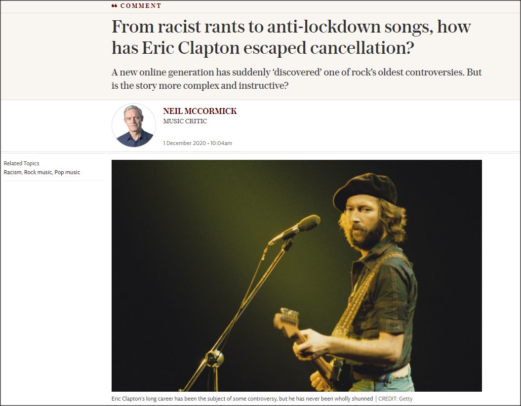 It was at a Birmingham gig in August 1976 when an extremely drunk Clapton went off on a slurry tirade from the stage, praising controversial MP Enoch Powell and claiming Britain was becoming “a black colony”. https://www.telegraph.co.uk/music/artists/racist-rants-anti-lockdown-songs-has-eric-clapton-escaped-cancellation/