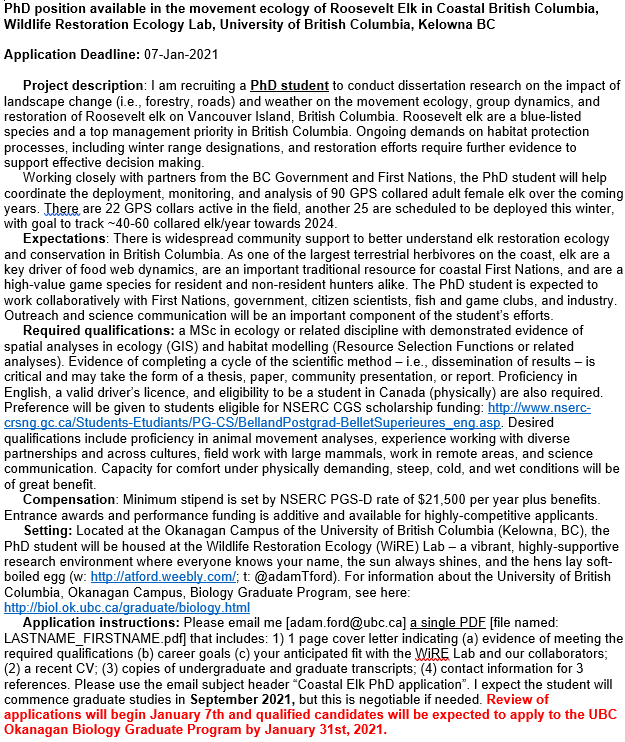 🚨PhD Student Position Available🚨

I am recruiting a student for work on the movement ecology and restoration of Roosevelt elk on Vancouver Island, BC, Canada. 

I would appreciate it if you could spread the word!
atford.weebly.com/open-positions…

#MovementEcology #phdchat #phdlife